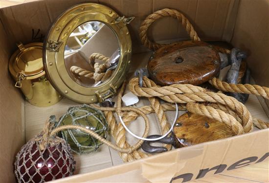 A brass porthole mirror, a ships anchor, a pully and rope etc
